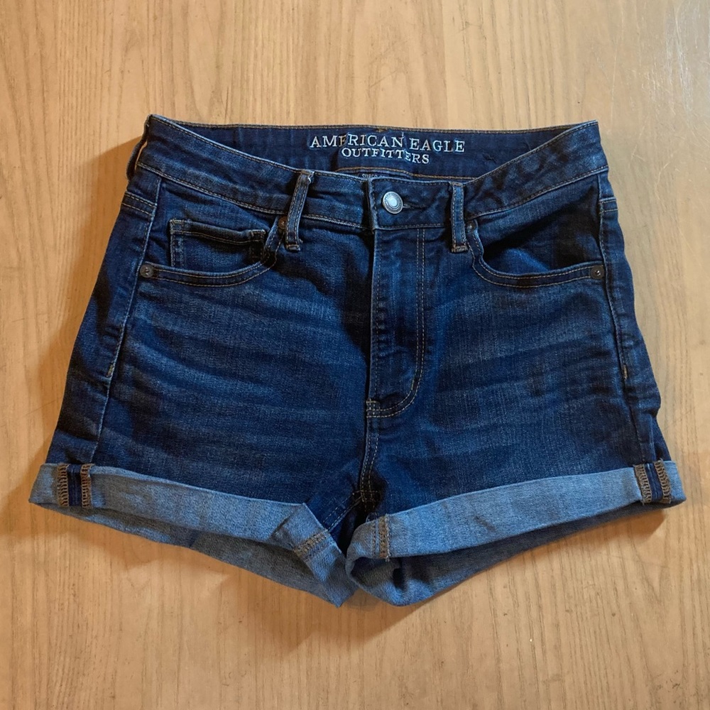 American Eagle Super High Rise Shortie Dark Wash Cuffed Jean Shorts